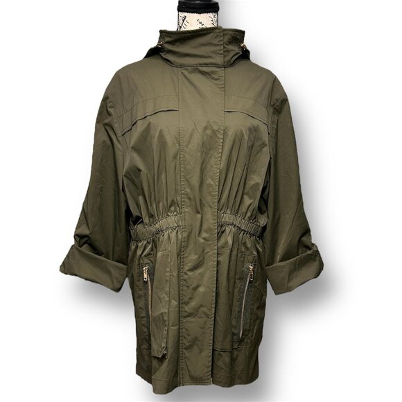 Antonio Melani XL Olive Green Hooded Utility Trench Coat Gold Zip Jacket Fall - Picture 6 of 14